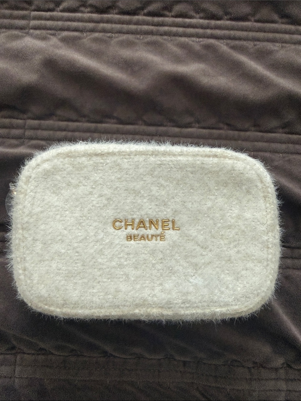 CHANEL Cream Fuzzy Beauté Cosmetic Case with Gold Logo